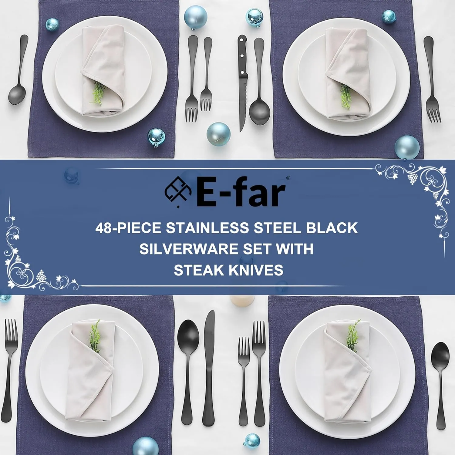 E-far 48-Piece Black Silverware Set with Steak Knives, Black Flatware Cutlery Set for 8, Stainless Steel Tableware Eating Utensils for Kitchen, Matte Black & Rust Proof