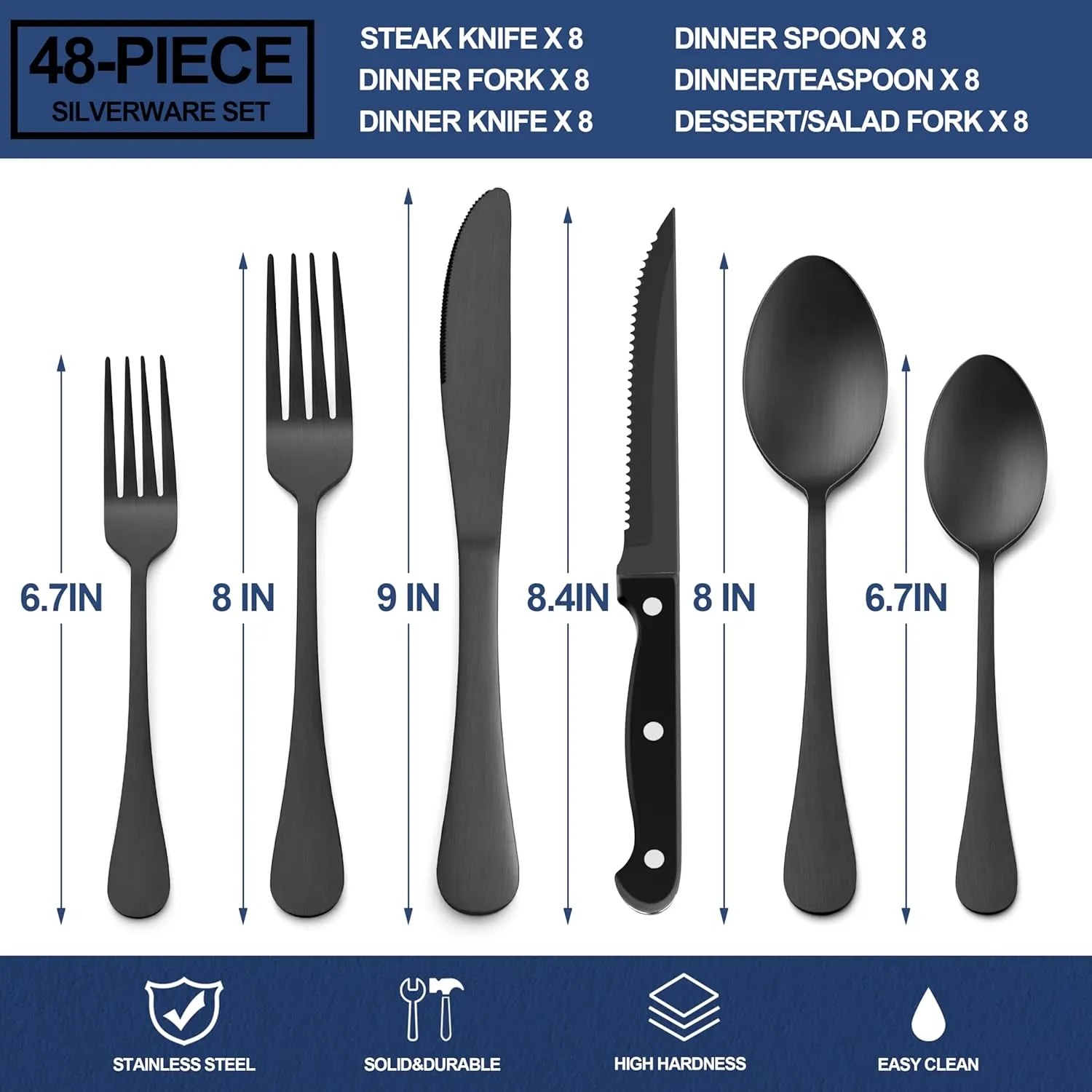 E-far 48-Piece Black Silverware Set with Steak Knives, Black Flatware Cutlery Set for 8, Stainless Steel Tableware Eating Utensils for Kitchen, Matte Black & Rust Proof