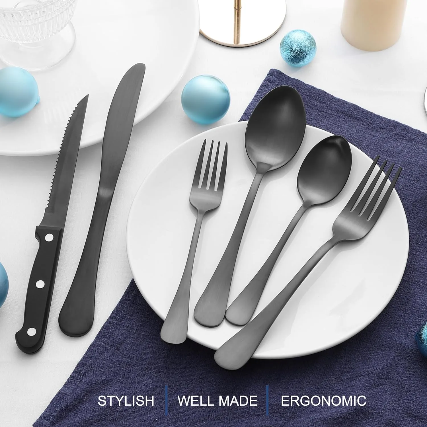 E-far 48-Piece Black Silverware Set with Steak Knives, Black Flatware Cutlery Set for 8, Stainless Steel Tableware Eating Utensils for Kitchen, Matte Black & Rust Proof