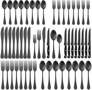 E-far 48-Piece Black Silverware Set with Steak Knives, Black Flatware Cutlery Set for 8, Stainless Steel Tableware Eating Utensils for Kitchen, Matte Black & Rust Proof