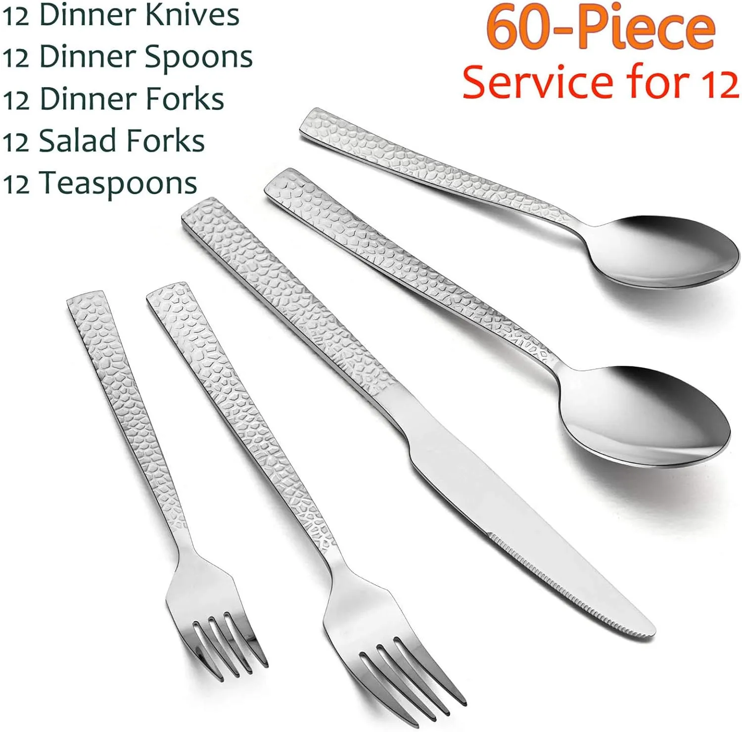 E-far 60-Piece Silverware Set, Hammered Stainless Steel Square Flatware Cutlery Set for 12, Tableware Set Eating Utensils for Home Kitchen Restaurant, Modern Design & Mirror Polished - Dishwasher Safe