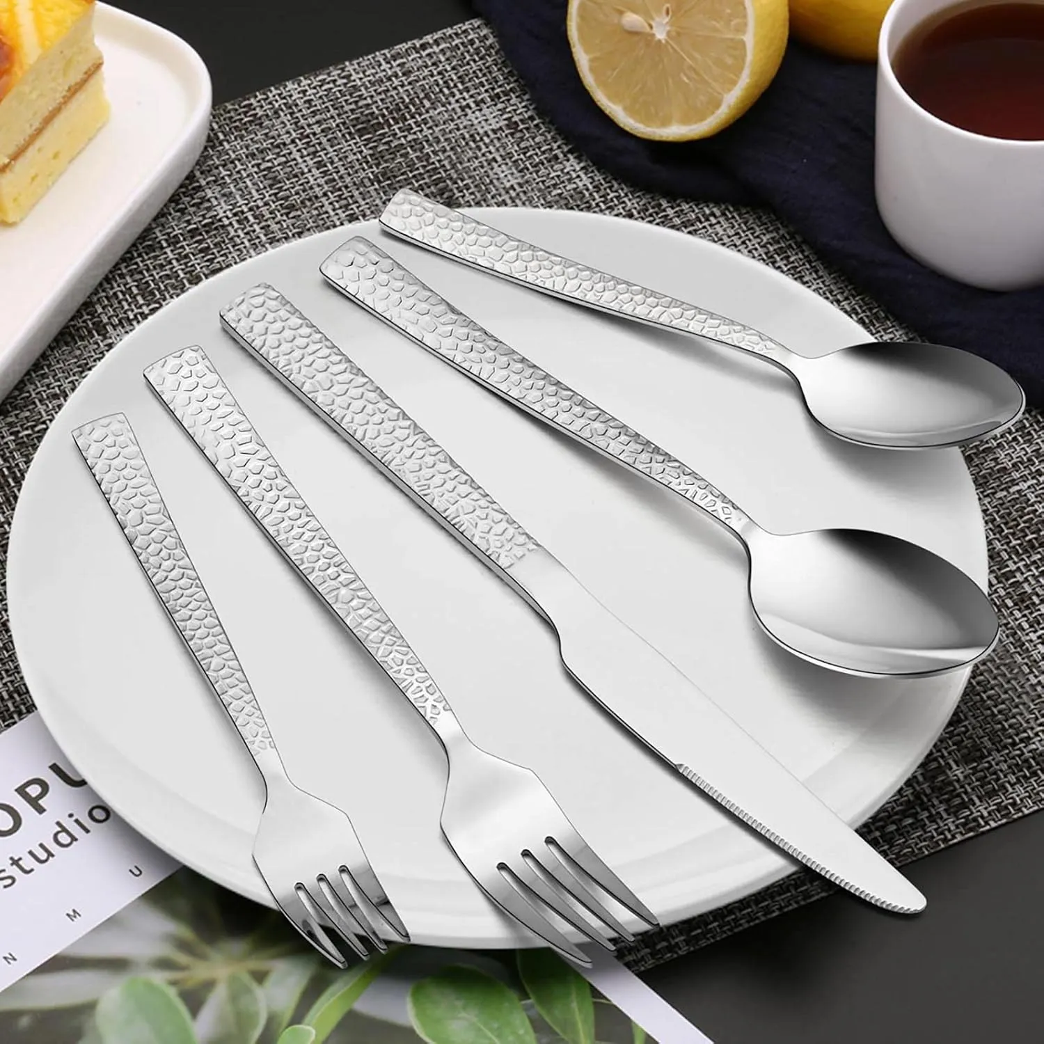E-far Hammered Silverware Set, 30-Piece Stainless Steel Square Flatware Set for 6, Metal Tableware Cutlery Set Includes Dinner Knives/Forks/Spoons, Modern Design & Mirror Polished - Dishwasher Safe
