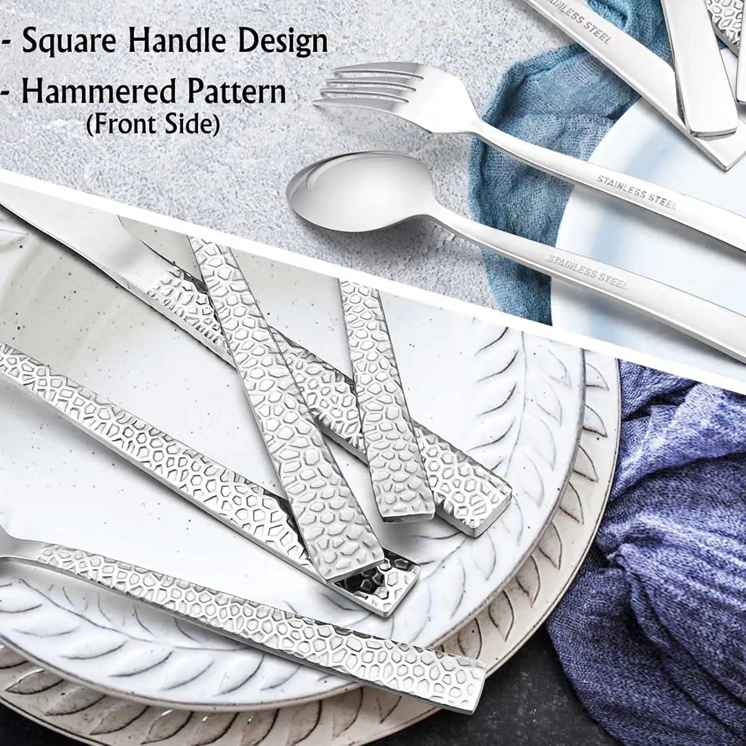E-far Hammered Silverware Set, 30-Piece Stainless Steel Square Flatware Set for 6, Metal Tableware Cutlery Set Includes Dinner Knives/Forks/Spoons, Modern Design & Mirror Polished - Dishwasher Safe