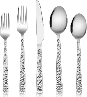 E-far Hammered Silverware Set, 30-Piece Stainless Steel Square Flatware Set for 6, Metal Tableware Cutlery Set Includes Dinner Knives/Forks/Spoons, Modern Design & Mirror Polished - Dishwasher Safe