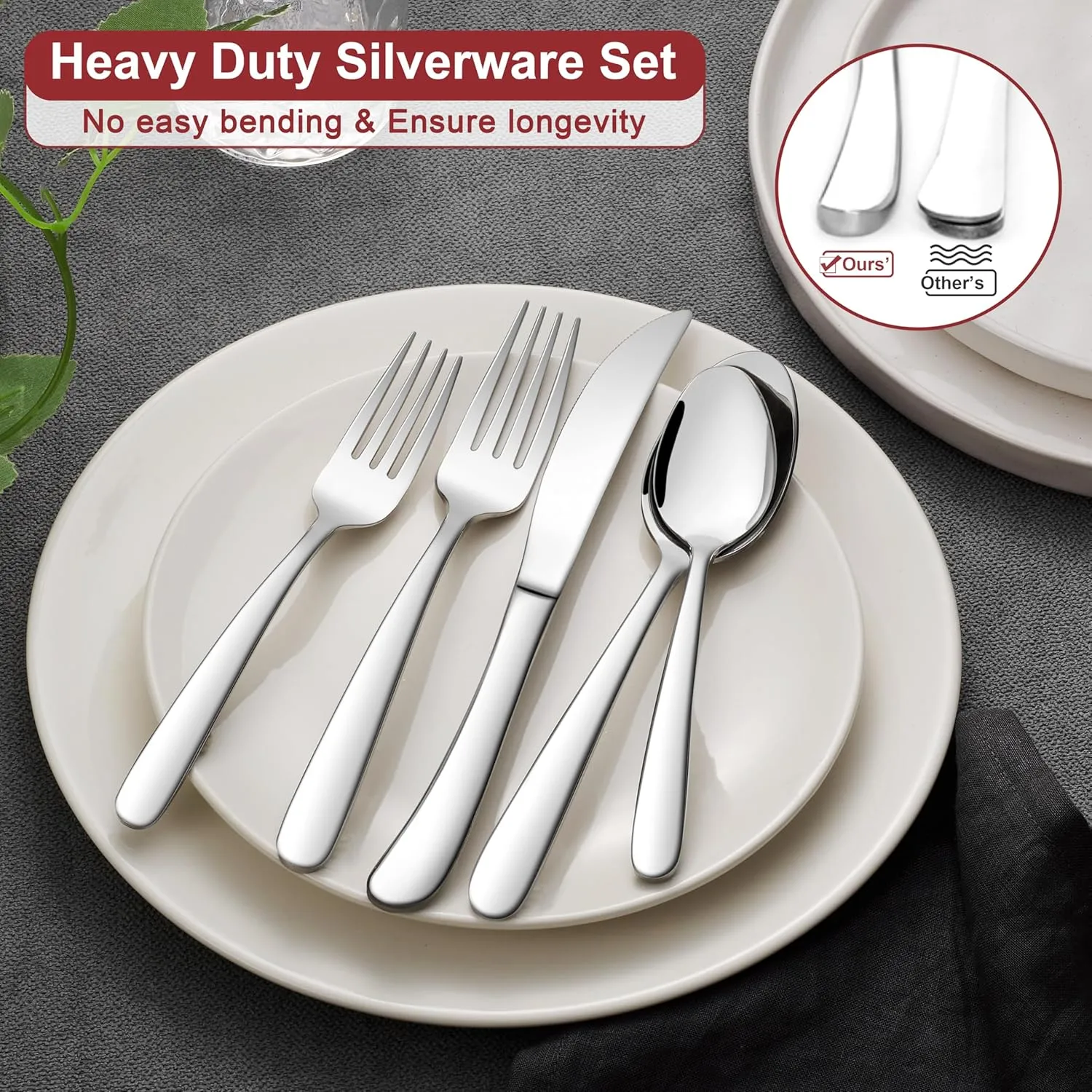 E-far Heavy Duty Silverware Set for 12, 60-Piece Stainless Steel Flatware Cutlery Set, Heavy Weight Metal Tableware Eating Utensils for Home Restaurant Weddings, Mirror Polished & Dishwasher Safe