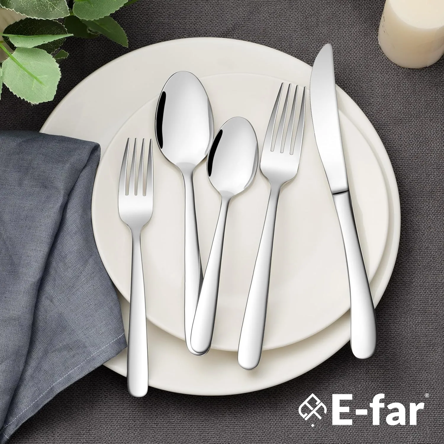 E-far Heavy Duty Silverware Set for 12, 60-Piece Stainless Steel Flatware Cutlery Set, Heavy Weight Metal Tableware Eating Utensils for Home Restaurant Weddings, Mirror Polished & Dishwasher Safe