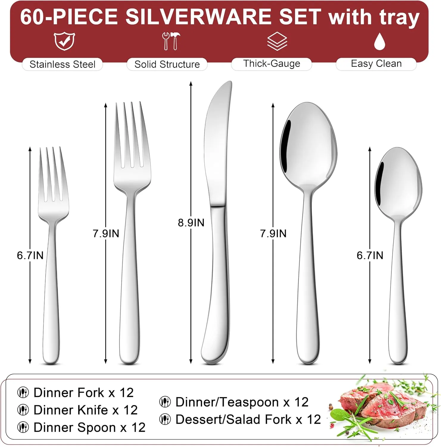 E-far Heavy Duty Silverware Set for 12, 60-Piece Stainless Steel Flatware Cutlery Set, Heavy Weight Metal Tableware Eating Utensils for Home Restaurant Weddings, Mirror Polished & Dishwasher Safe