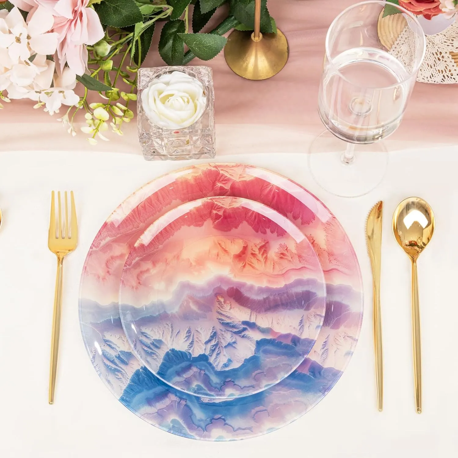 EI 60pcs Disposable Plastic Plates Pink and Blue Heavy Duty Plastic Plates 10.25" and 7.5" Dinnerware Set for Party,Wedding,Birthday 30 Guests Disposable Party Supplies