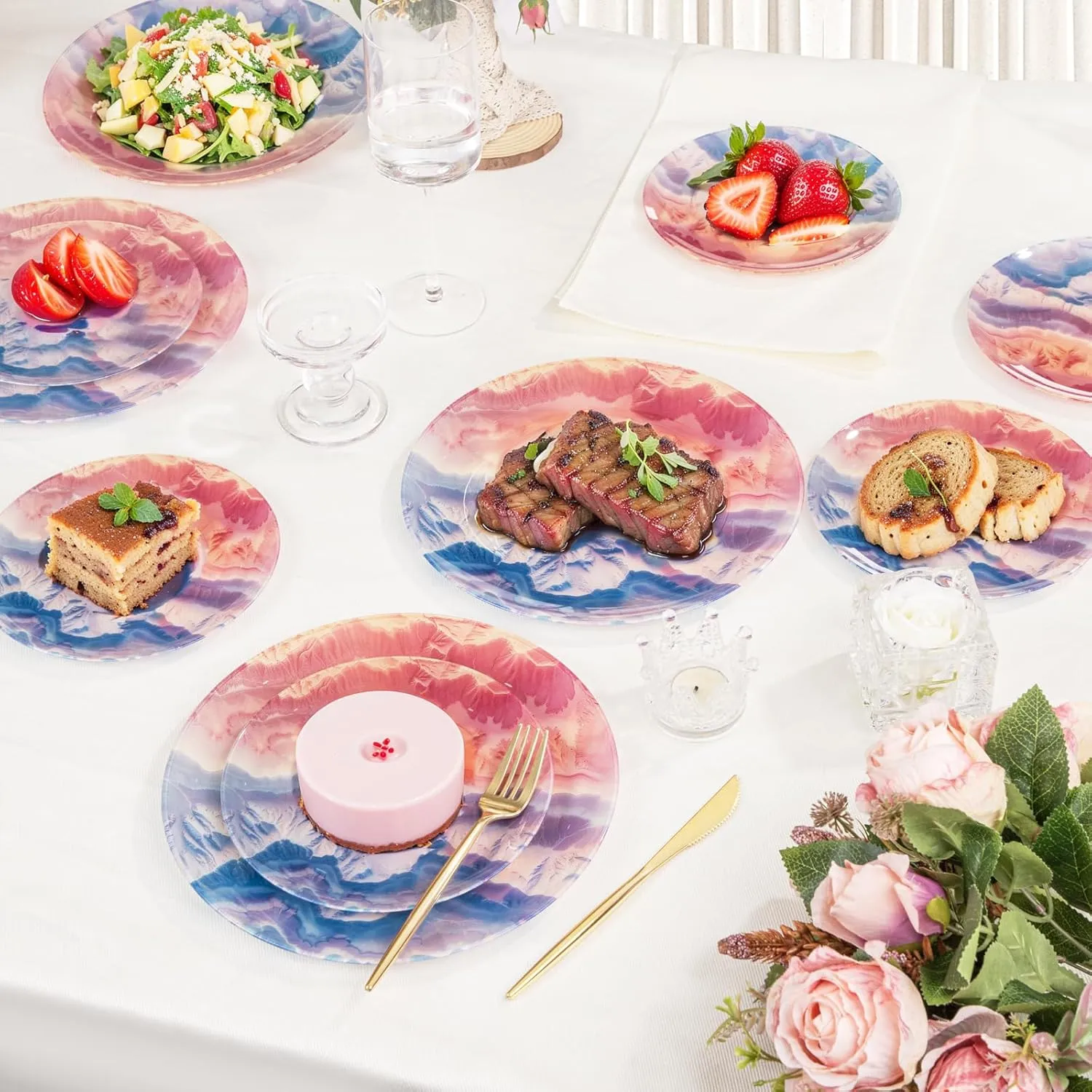 EI 60pcs Disposable Plastic Plates Pink and Blue Heavy Duty Plastic Plates 10.25" and 7.5" Dinnerware Set for Party,Wedding,Birthday 30 Guests Disposable Party Supplies