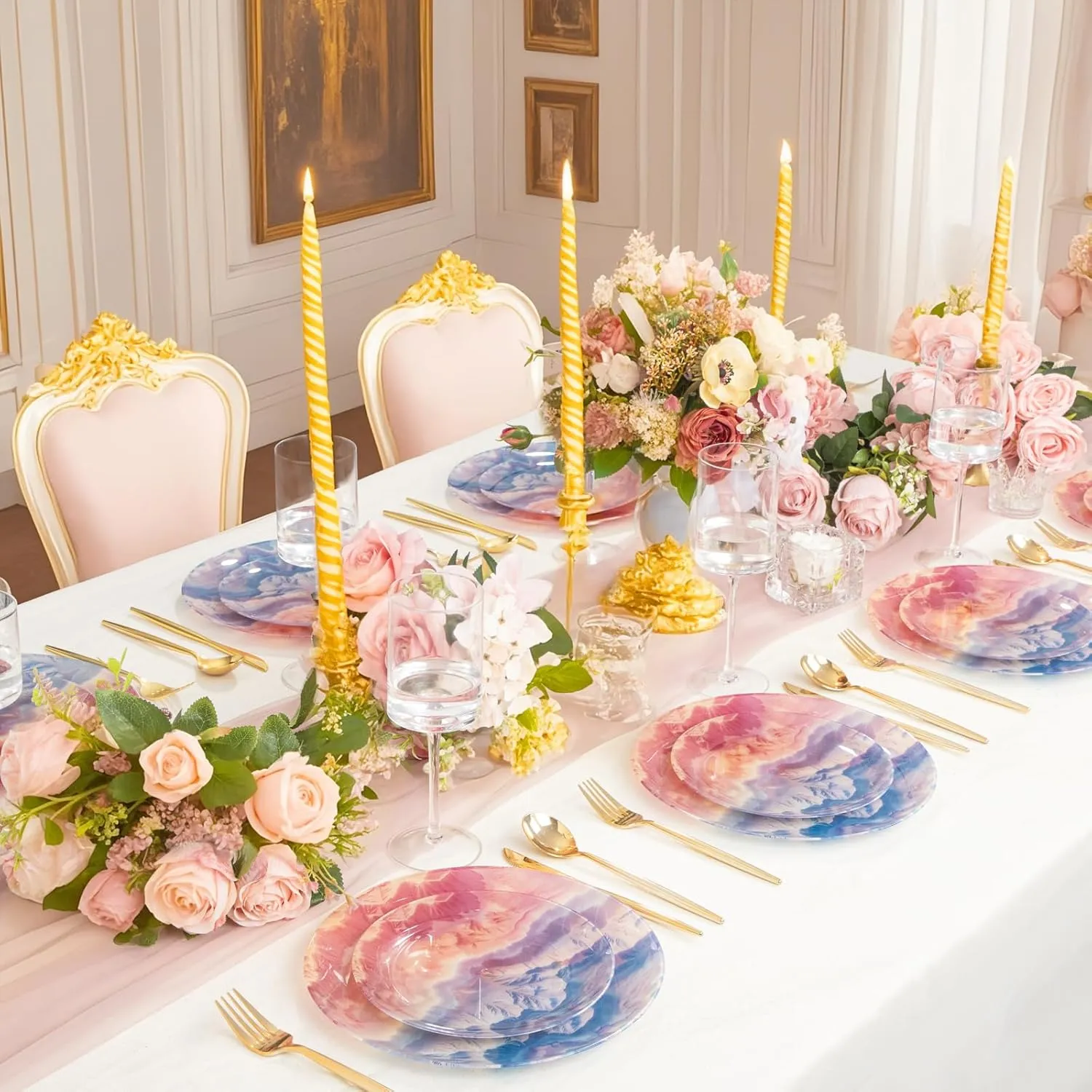 EI 60pcs Disposable Plastic Plates Pink and Blue Heavy Duty Plastic Plates 10.25" and 7.5" Dinnerware Set for Party,Wedding,Birthday 30 Guests Disposable Party Supplies