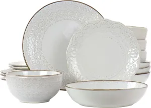 Elama Countess 16 Piece Embossed Double Bowl Stoneware Dinnerware Set in Ivory