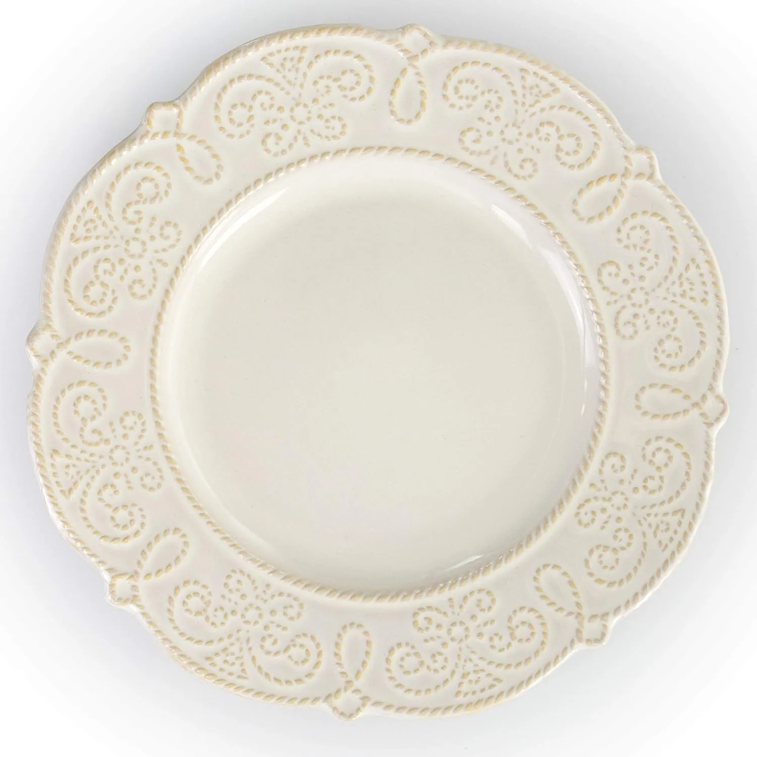 Elama Round Decorated Stoneware Scallop Embossed Dinnerware Dish Set, 16 Piece, Luna