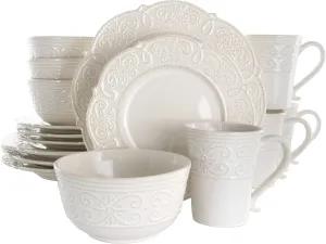 Elama Round Decorated Stoneware Scallop Embossed Dinnerware Dish Set, 16 Piece, Luna