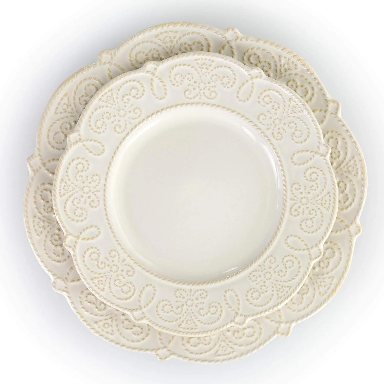Elama Round Decorated Stoneware Scallop Embossed Dinnerware Dish Set, 16 Piece, Luna