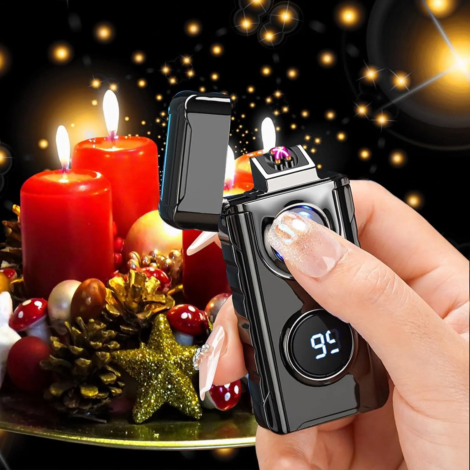 Electric Lighter Rechargeable Lighter Dual Arc Lighter Plasma Lighter Metal Flameless Lighter Windproof Lighter Cool Lighters with LED Display for Aroma Candle,Camping (Black)
