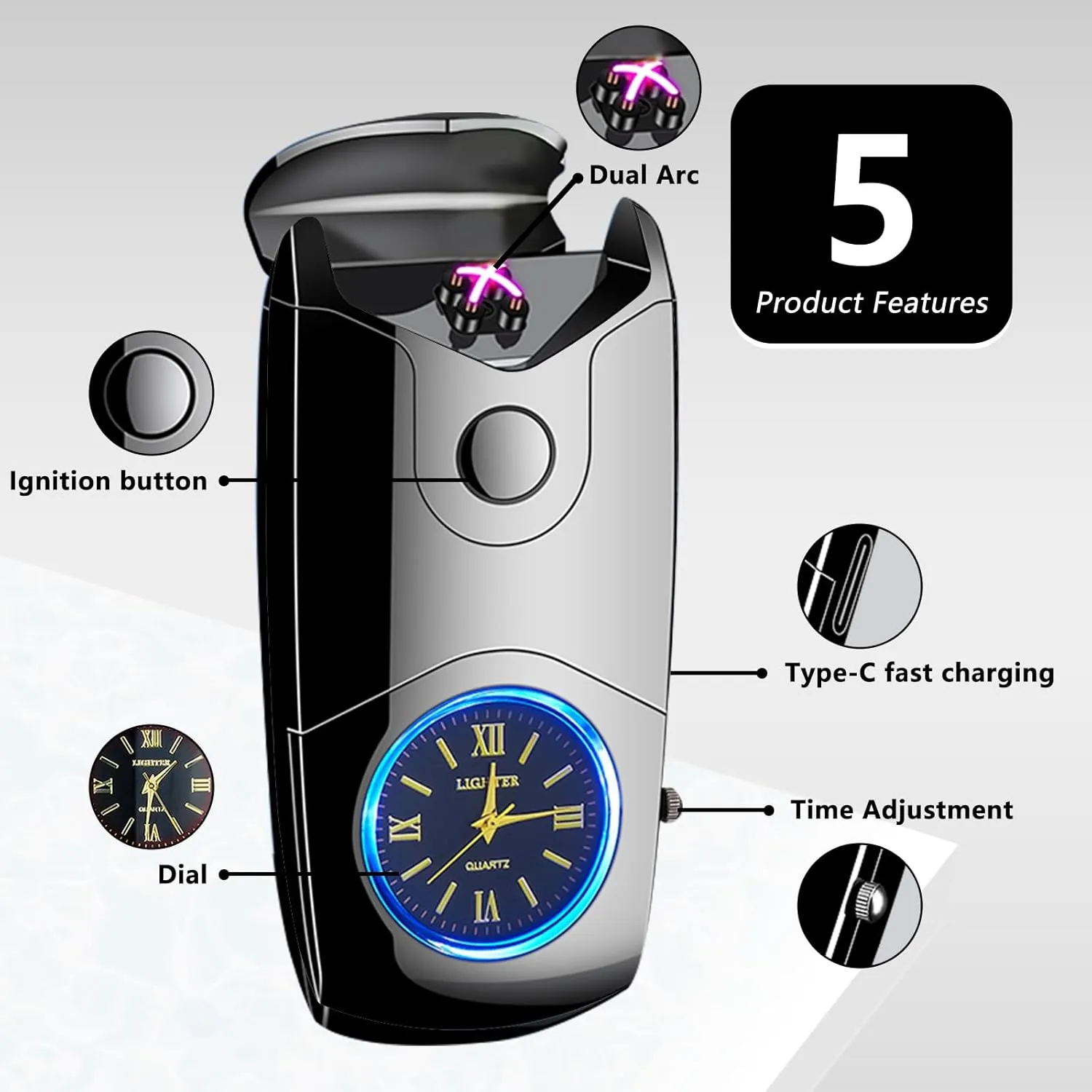 Electric Lighter USB C Rechargeable Lighter Windproof Plasma Dual Arc Lighters Electronic Flameless Cool Clock Lighters for Candles (Black)