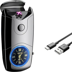 Electric Lighter USB C Rechargeable Lighter Windproof Plasma Dual Arc Lighters Electronic Flameless Cool Clock Lighters for Candles (Black)