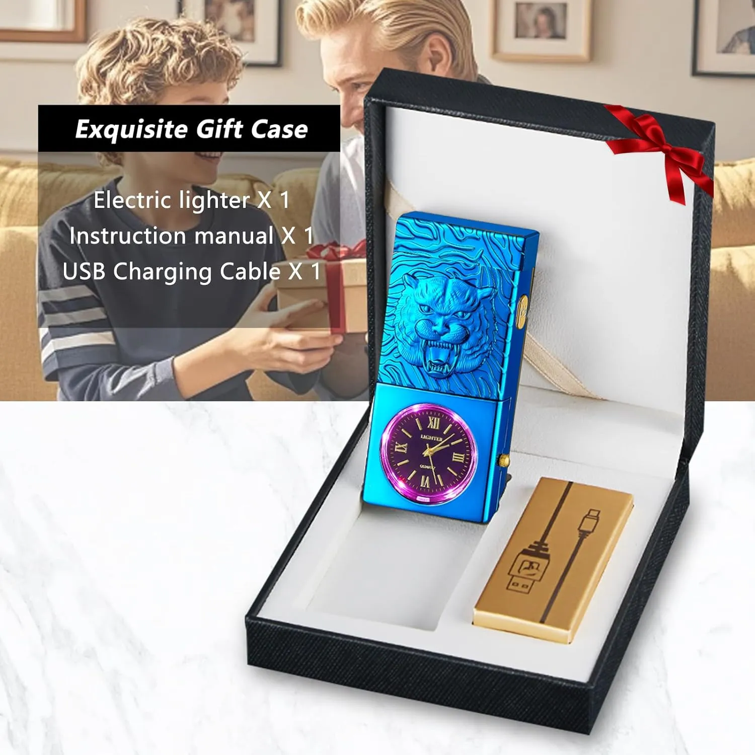 Electric Lighter USB Rechargeable Lighter, Windproof Plasma Dual Arc Lighters, Flameless Cool Clock Lighters with LED Battery Indication for Candles, Incense Stick, Outdoor Use (Blue, Tiger)