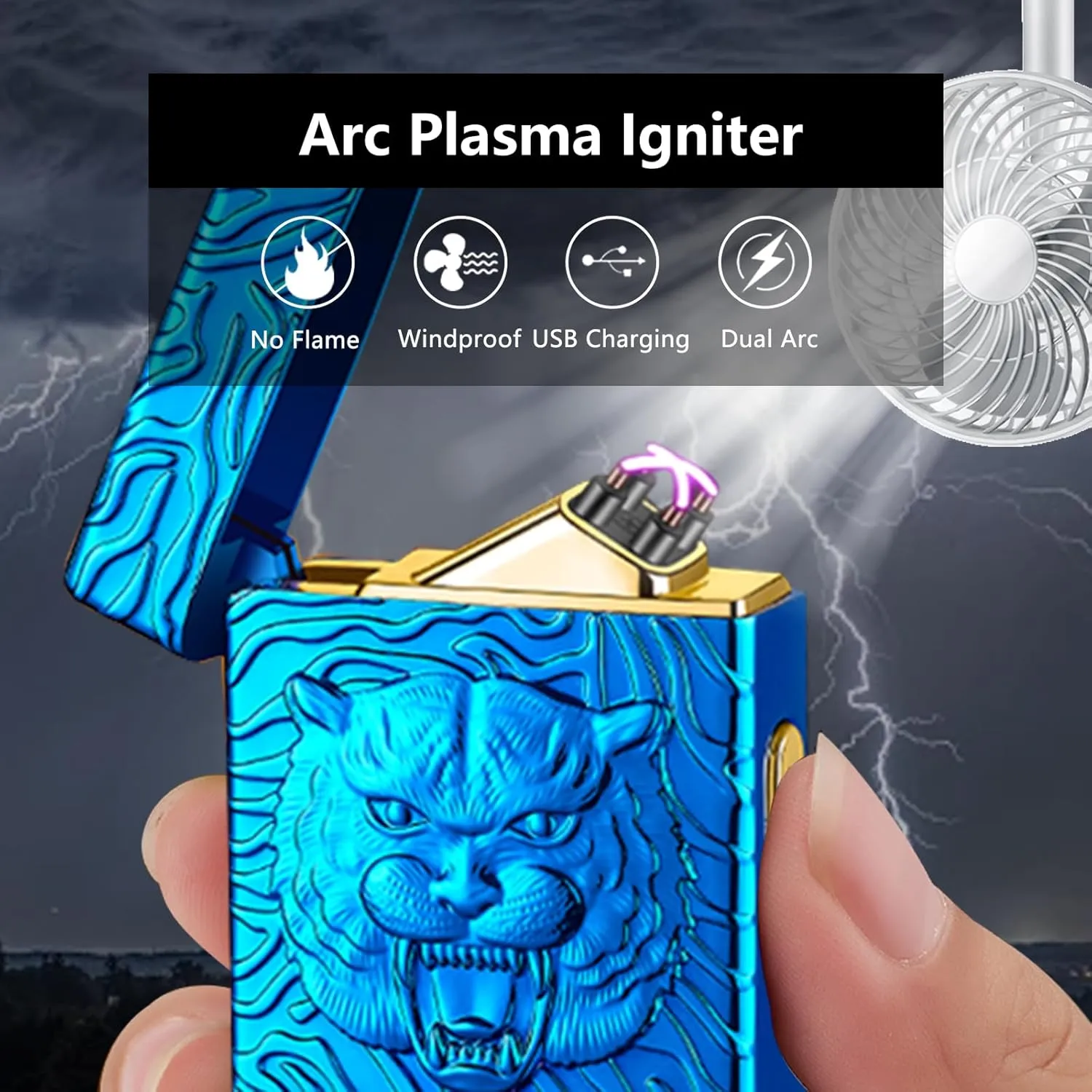 Electric Lighter USB Rechargeable Lighter, Windproof Plasma Dual Arc Lighters, Flameless Cool Clock Lighters with LED Battery Indication for Candles, Incense Stick, Outdoor Use (Blue, Tiger)