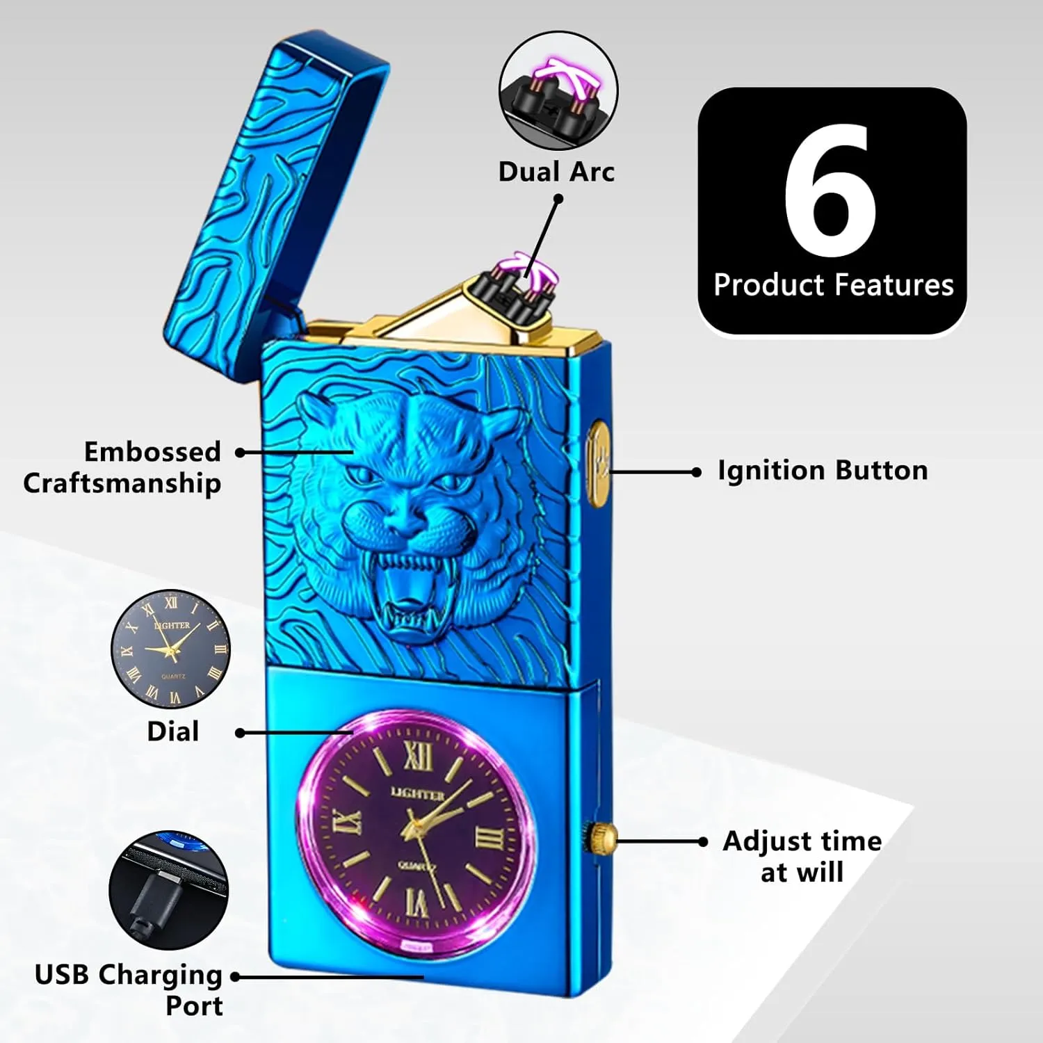 Electric Lighter USB Rechargeable Lighter, Windproof Plasma Dual Arc Lighters, Flameless Cool Clock Lighters with LED Battery Indication for Candles, Incense Stick, Outdoor Use (Blue, Tiger)