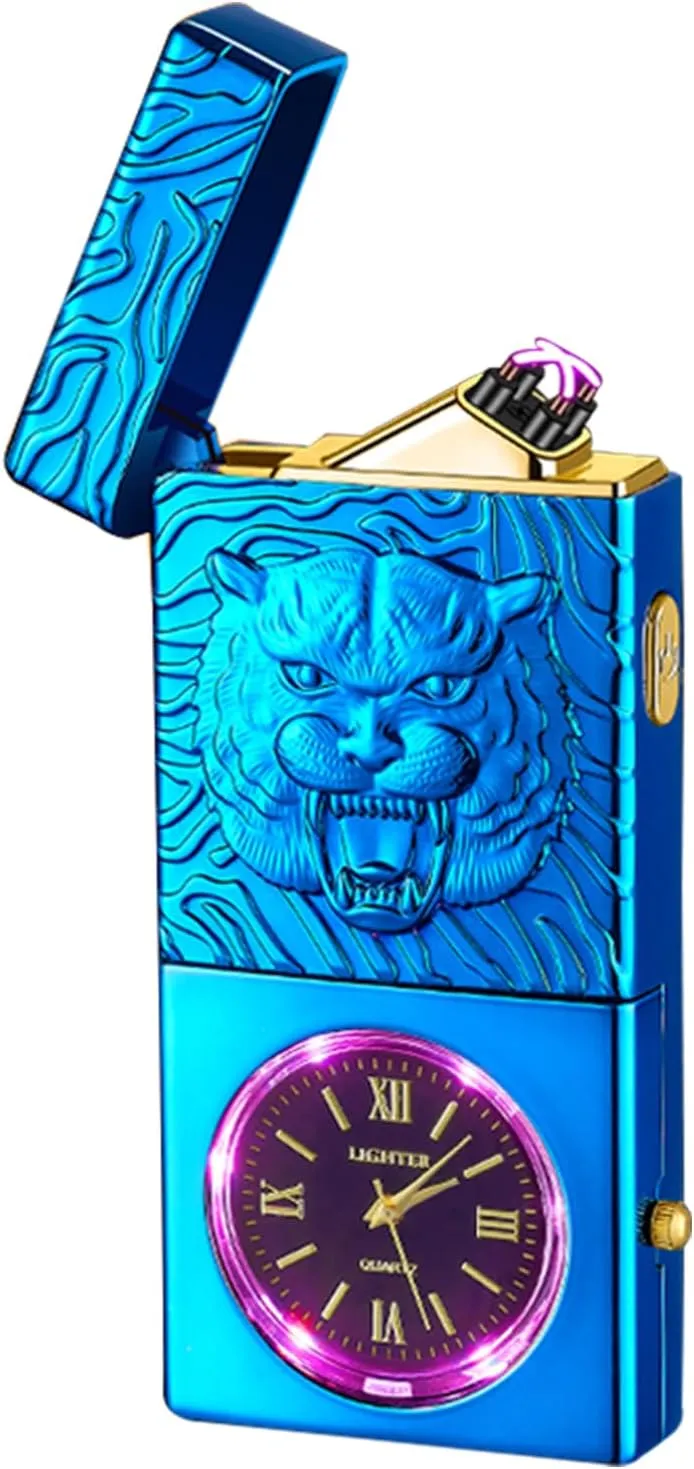 Electric Lighter USB Rechargeable Lighter, Windproof Plasma Dual Arc Lighters, Flameless Cool Clock Lighters with LED Battery Indication for Candles, Incense Stick, Outdoor Use (Blue, Tiger)