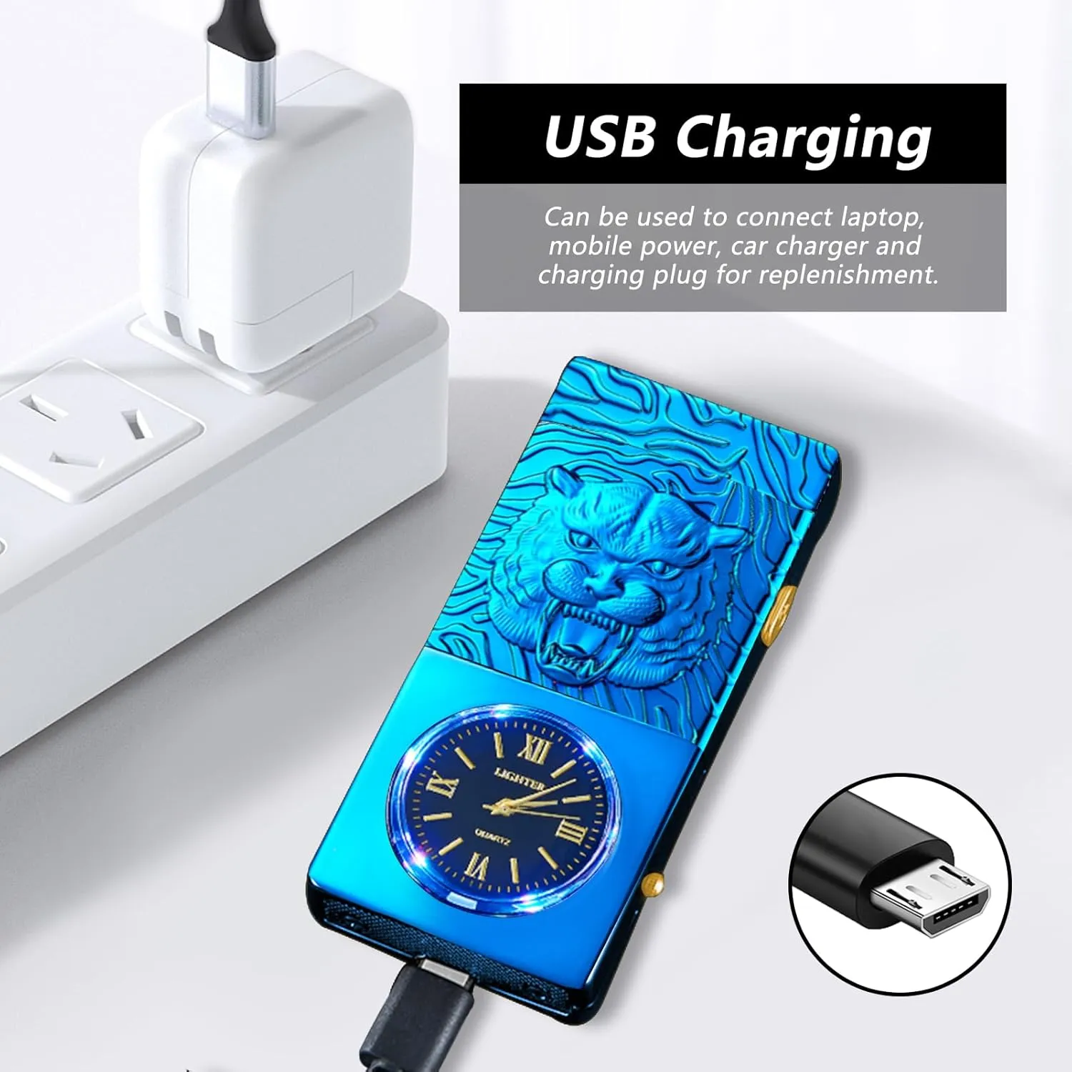 Electric Lighter USB Rechargeable Lighter, Windproof Plasma Dual Arc Lighters, Flameless Cool Clock Lighters with LED Battery Indication for Candles, Incense Stick, Outdoor Use (Blue, Tiger)