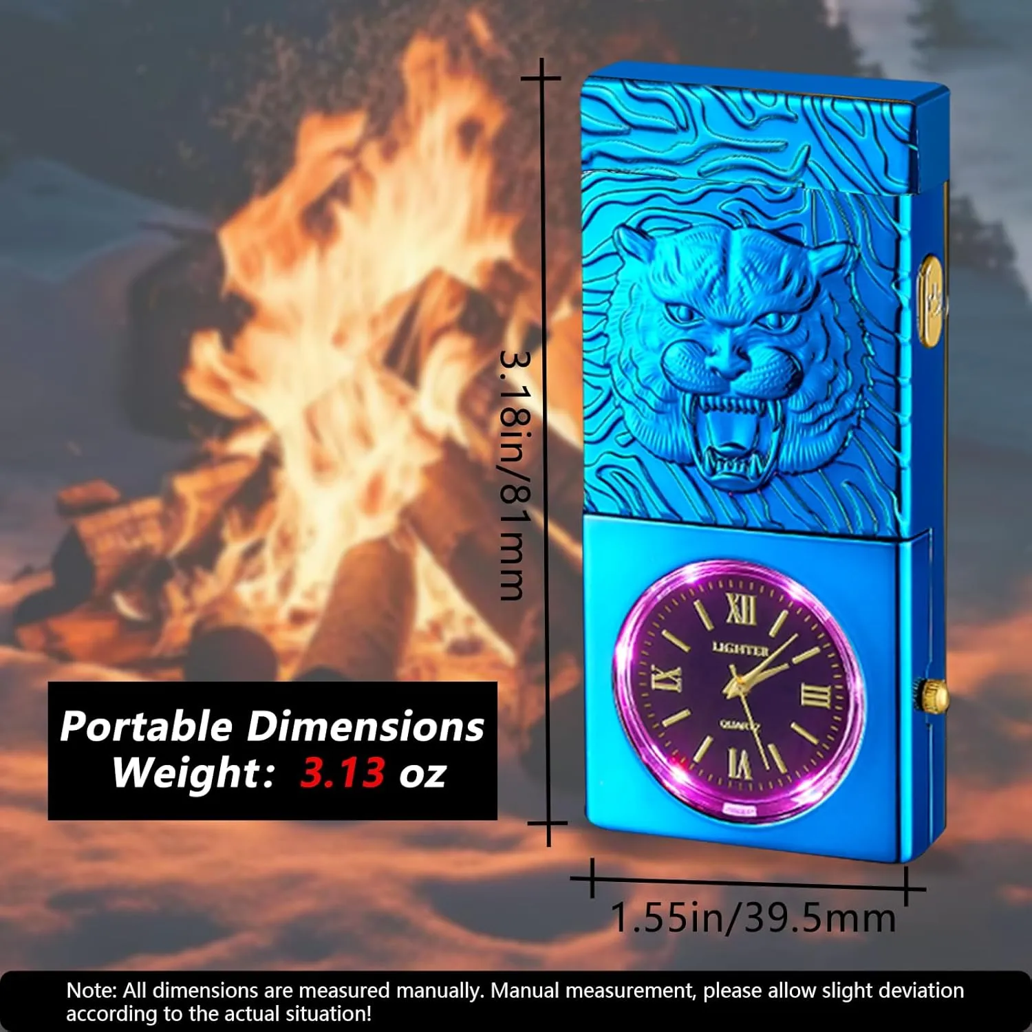 Electric Lighter USB Rechargeable Lighter, Windproof Plasma Dual Arc Lighters, Flameless Cool Clock Lighters with LED Battery Indication for Candles, Incense Stick, Outdoor Use (Blue, Tiger)