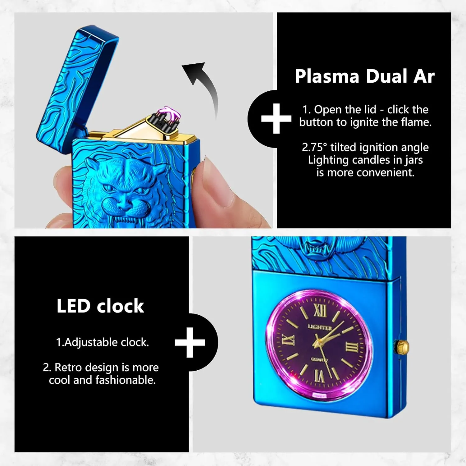Electric Lighter USB Rechargeable Lighter, Windproof Plasma Dual Arc Lighters, Flameless Cool Clock Lighters with LED Battery Indication for Candles, Incense Stick, Outdoor Use (Blue, Tiger)