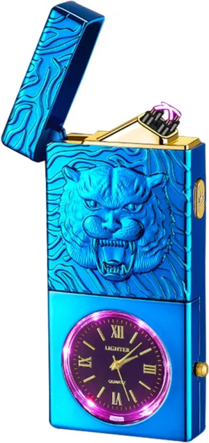 Electric Lighter USB Rechargeable Lighter, Windproof Plasma Dual Arc Lighters, Flameless Cool Clock Lighters with LED Battery Indication for Candles, Incense Stick, Outdoor Use (Blue, Tiger)
