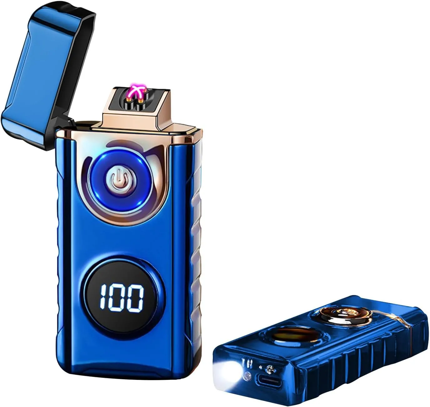 Electric Lighters Rechargeable,Dual Arc Lighter with USB Type-C Fast Charging,Windproof Flameless Lighter with LED Display and LED Emergency Lights for Scented Candle,Camping(Blue)