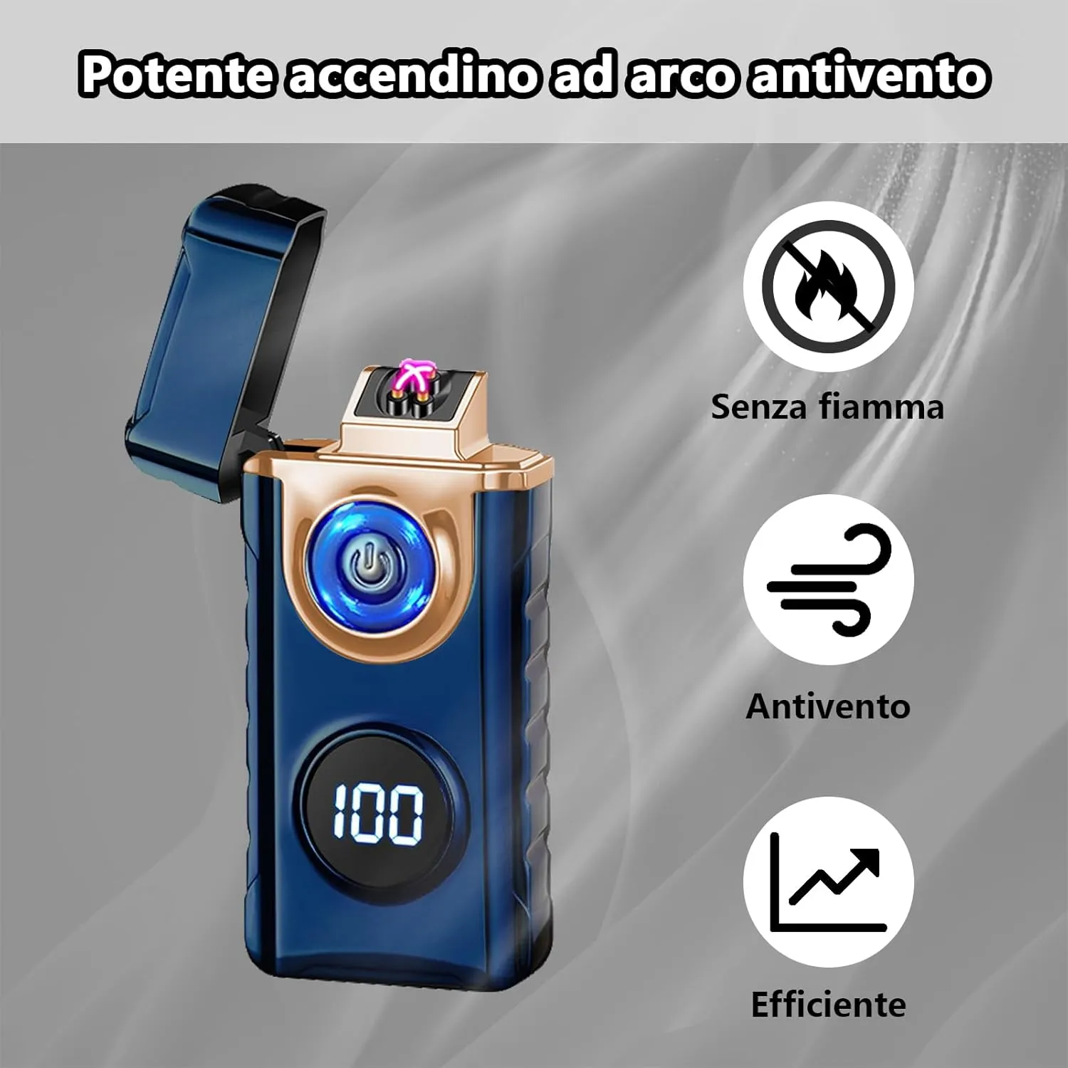 Electric Lighters Rechargeable,Dual Arc Lighter with USB Type-C Fast Charging,Windproof Flameless Lighter with LED Display and LED Emergency Lights for Scented Candle,Camping(Blue)