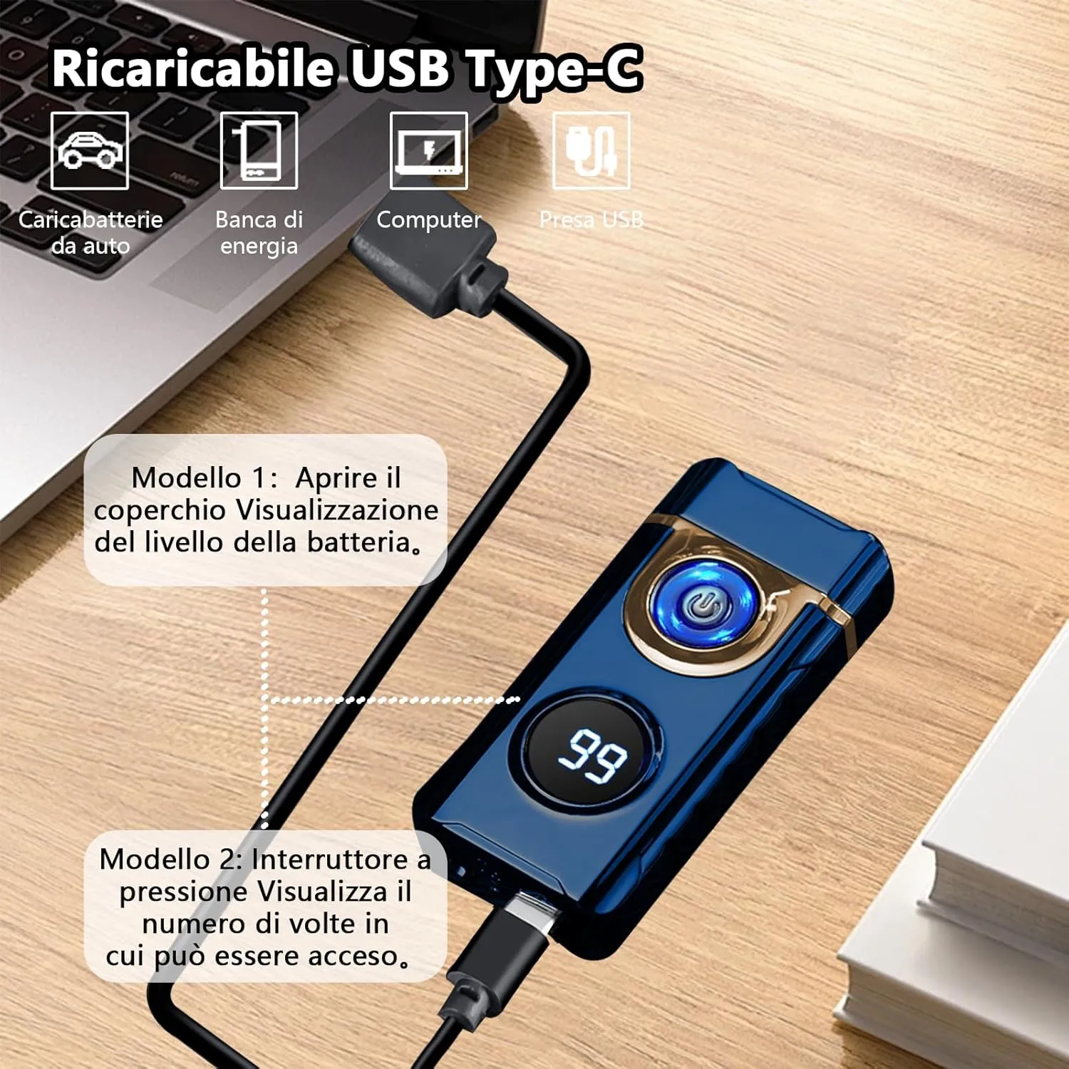 Electric Lighters Rechargeable,Dual Arc Lighter with USB Type-C Fast Charging,Windproof Flameless Lighter with LED Display and LED Emergency Lights for Scented Candle,Camping(Blue)