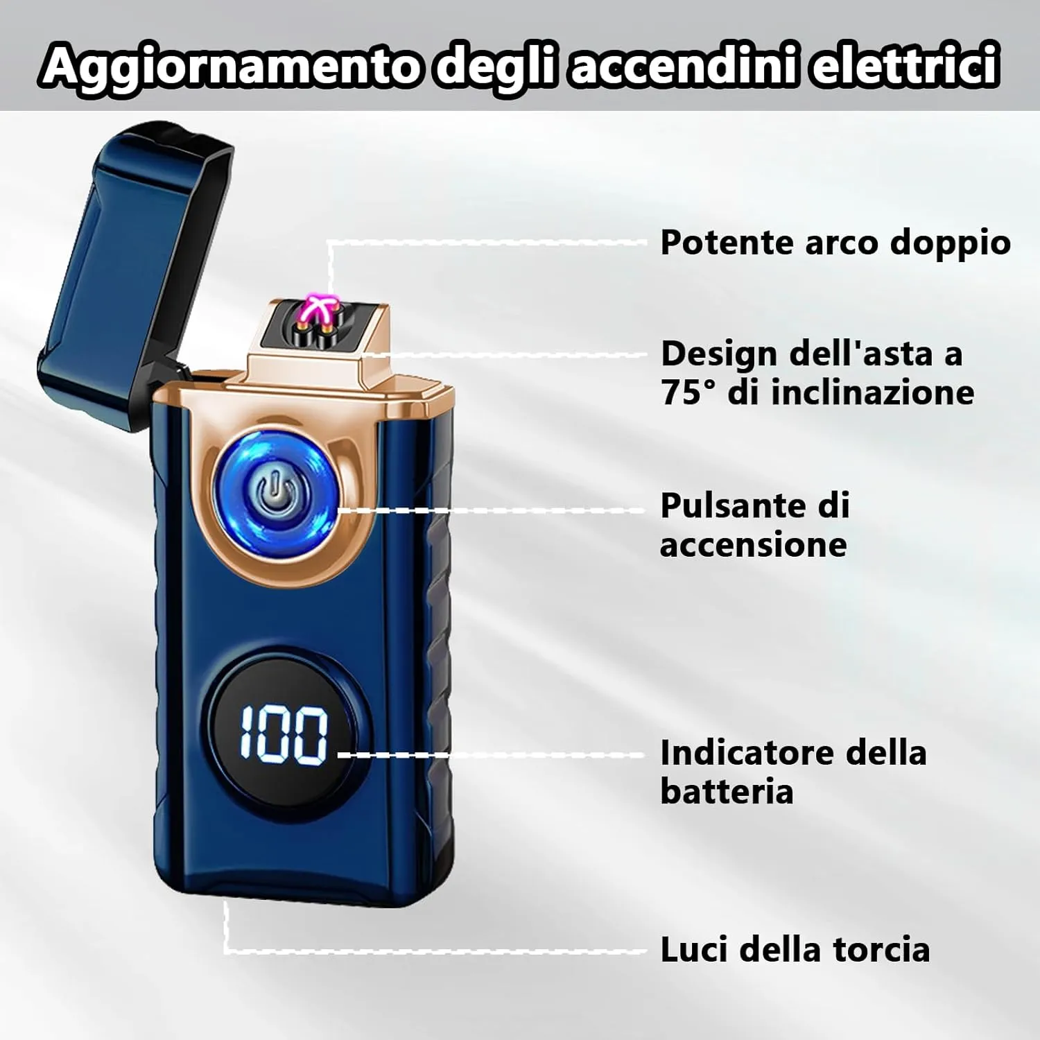 Electric Lighters Rechargeable,Dual Arc Lighter with USB Type-C Fast Charging,Windproof Flameless Lighter with LED Display and LED Emergency Lights for Scented Candle,Camping(Blue)