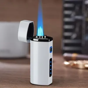 Electric Torch Lighter - Windproof Triple Jet Flame Cigar Torch Lighter - Refillable Butane, Adjustable, Micro USB Charging Cable (White)