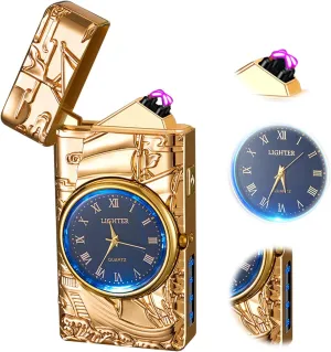 Electronic Lighter Electric lighters Rechargeable Flameless Windproof Plasma Lighter with Battery Indicator Cool lighters for Candle Candles, Fireworks, Camping, Hiking, Adventure(Gold)