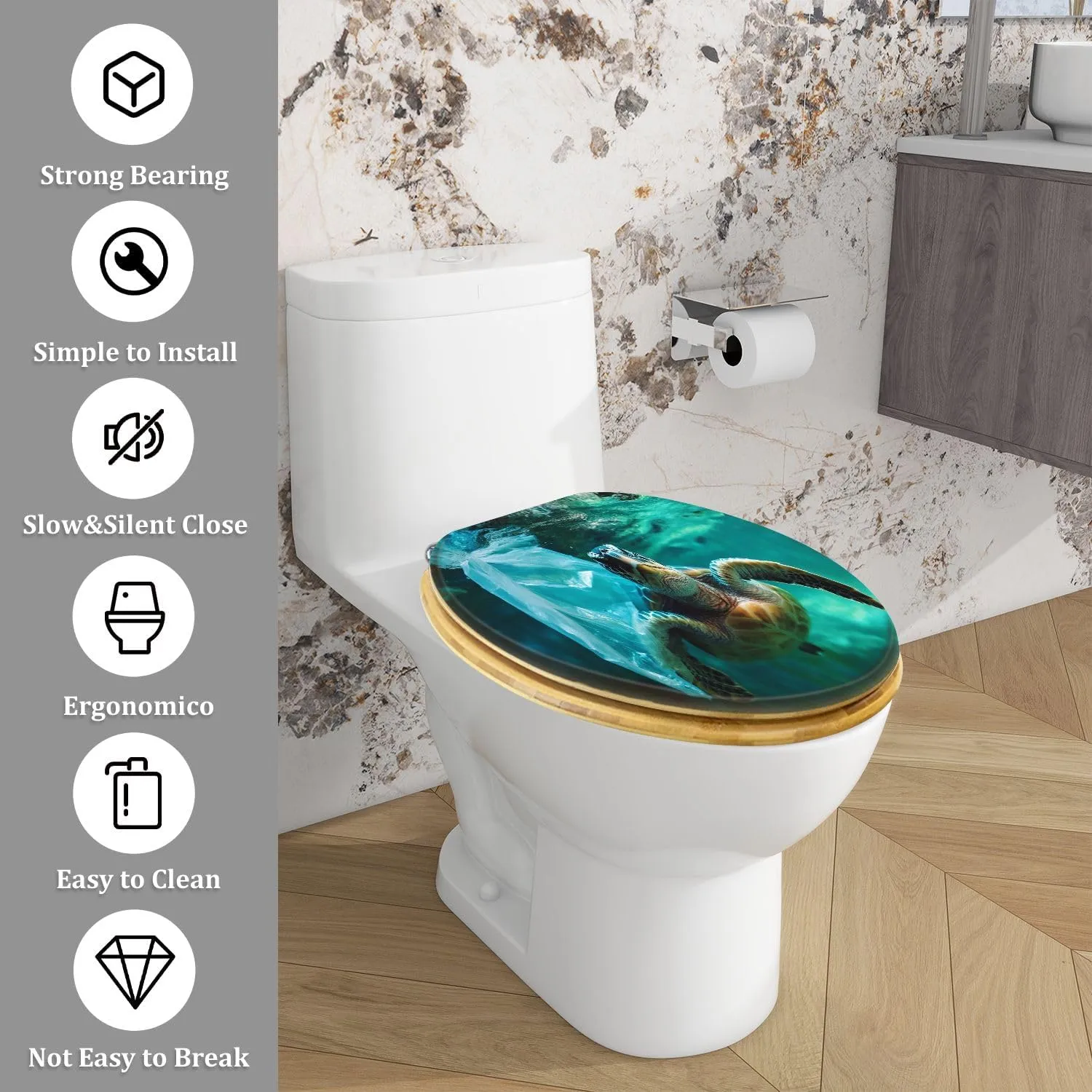 Elongated Toilet Seat Wood Toilet Seat with Cover Turtle sea polluted plastic bag Easy to Install Quietly Close Quick Release Hinges Decorative Bathroom Decor