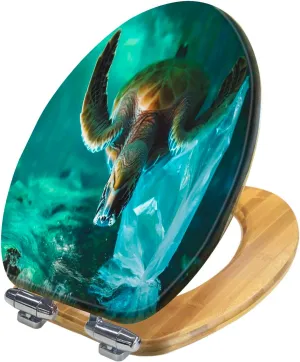 Elongated Toilet Seat Wood Toilet Seat with Cover Turtle sea polluted plastic bag Easy to Install Quietly Close Quick Release Hinges Decorative Bathroom Decor