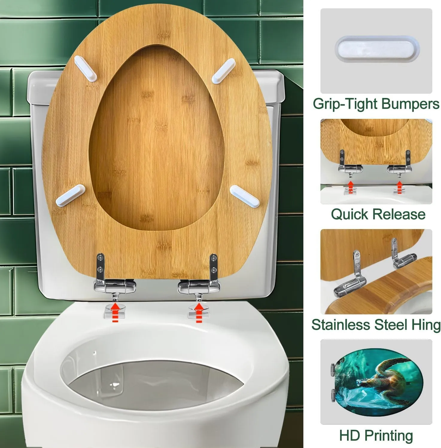 Elongated Toilet Seat Wood Toilet Seat with Cover Turtle sea polluted plastic bag Easy to Install Quietly Close Quick Release Hinges Decorative Bathroom Decor