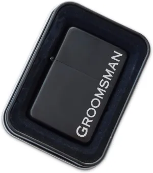 Engraved Matte Black Lighter with Gift Tin - Windproof, Flip-Top, Refillable (Groomsman)