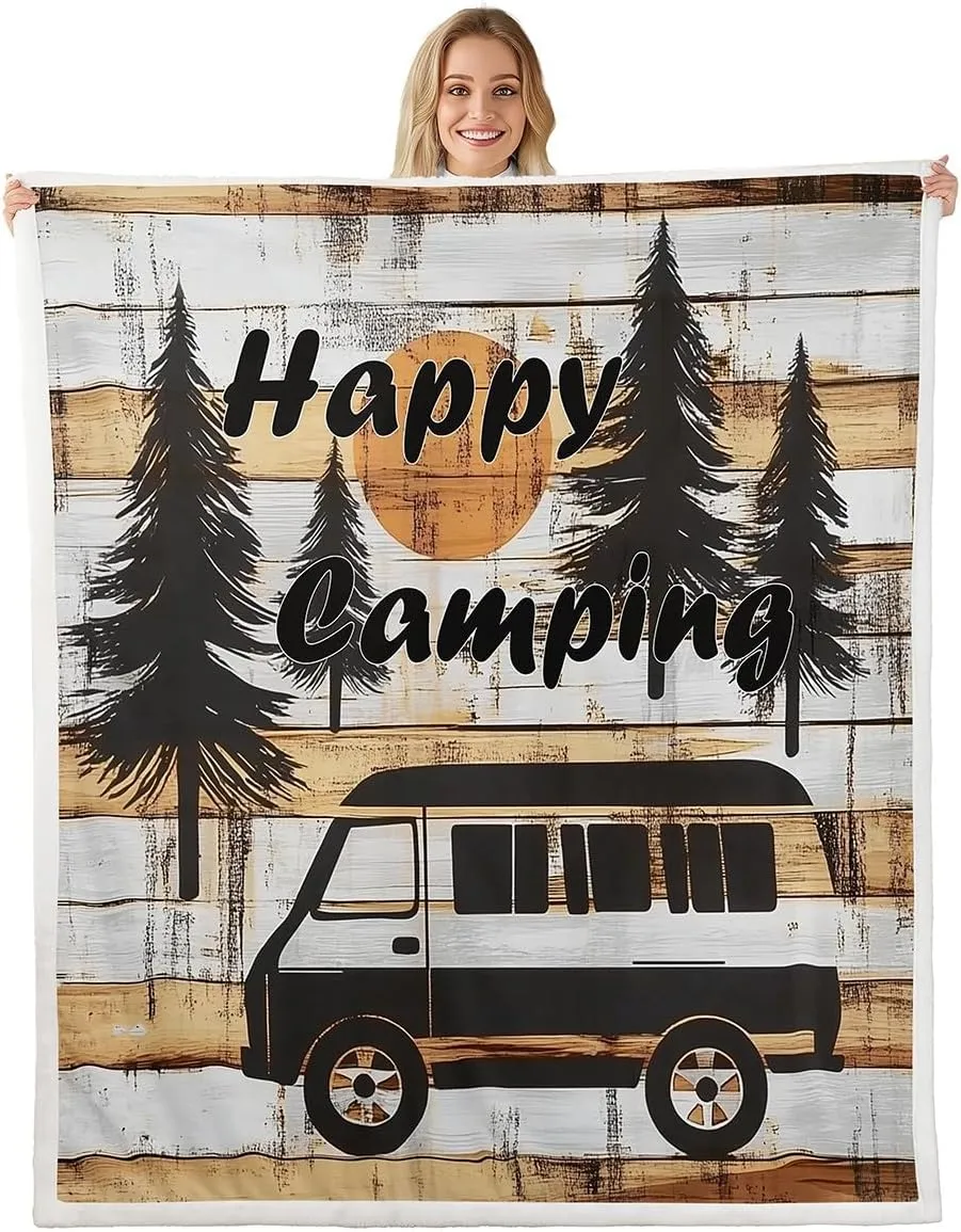 Erosebridal Happy Camping Kids Fleece Blanket Twin 60"X80" Rustic Farmhouse Camper Throw Blanket for Girls Boys Bed,Camping Trailer Jungle Sherpa Blanket,Vintage Old Barn Door Flannel Blanket