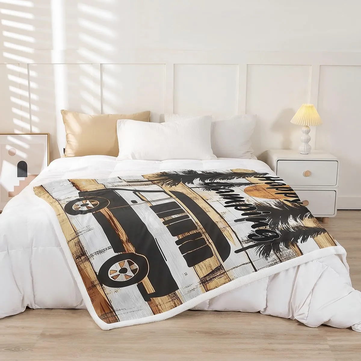 Erosebridal Happy Camping Kids Fleece Blanket Twin 60"X80" Rustic Farmhouse Camper Throw Blanket for Girls Boys Bed,Camping Trailer Jungle Sherpa Blanket,Vintage Old Barn Door Flannel Blanket