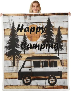 Erosebridal Happy Camping Kids Fleece Blanket Twin 60"X80" Rustic Farmhouse Camper Throw Blanket for Girls Boys Bed,Camping Trailer Jungle Sherpa Blanket,Vintage Old Barn Door Flannel Blanket