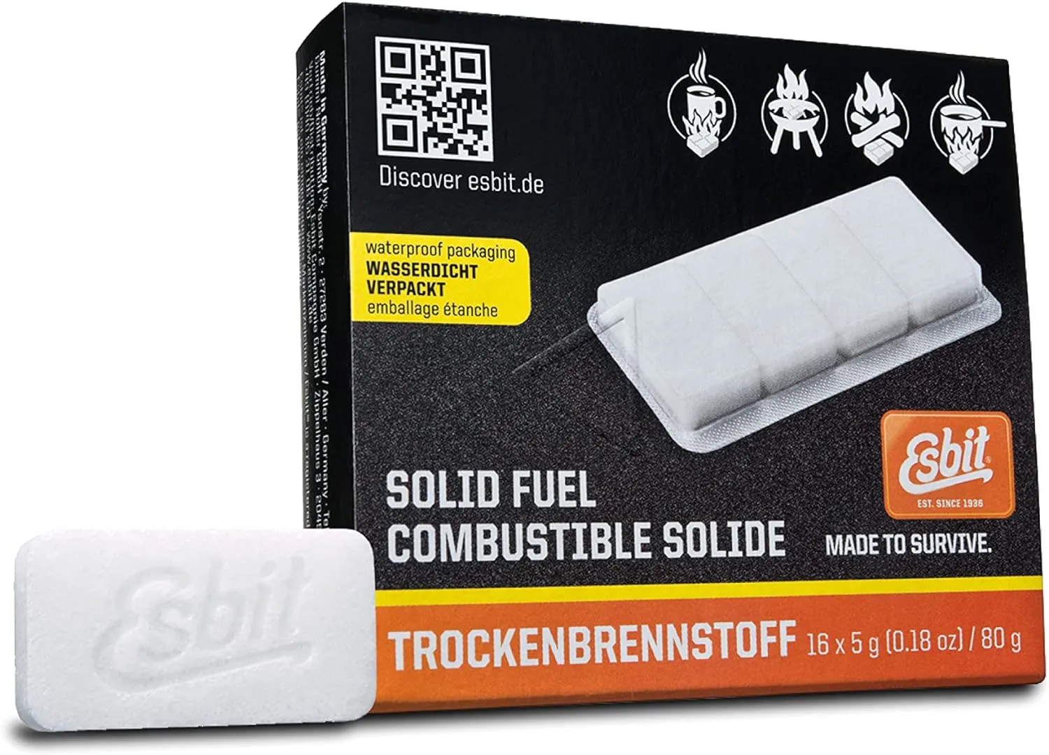Esbit 1300-Degree Smokeless Solid Fuel Tablets for Hobby, Outdoor, and Emergency Use, 16 Pieces Each 5g