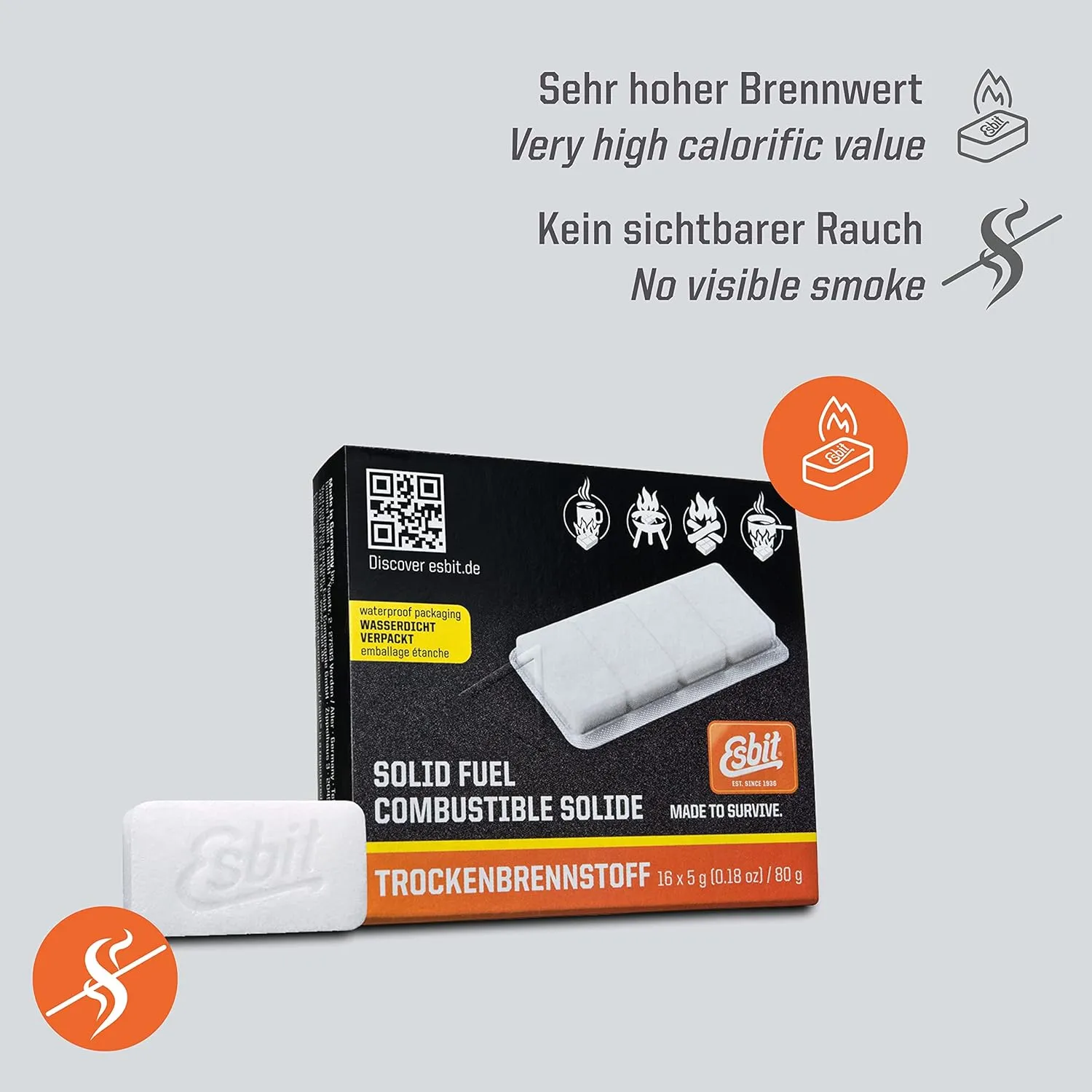 Esbit 1300-Degree Smokeless Solid Fuel Tablets for Hobby, Outdoor, and Emergency Use, 16 Pieces Each 5g