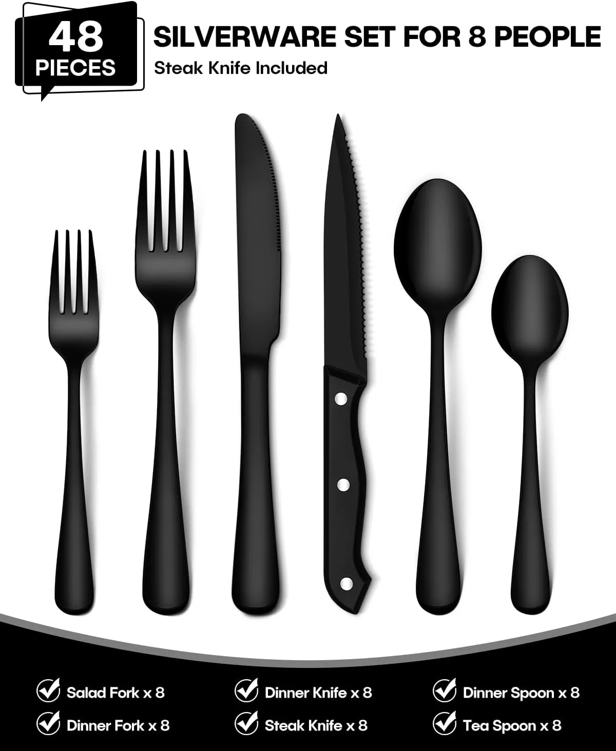 EUIRIO 48-Piece Black Silverware Set with Steak Knives, Heavy Duty Black Flatware Set for 8, Food-Grade Stainless Steel Tableware Cutlery Set, Utensil Sets for Home Restaurant, Mirror Finish