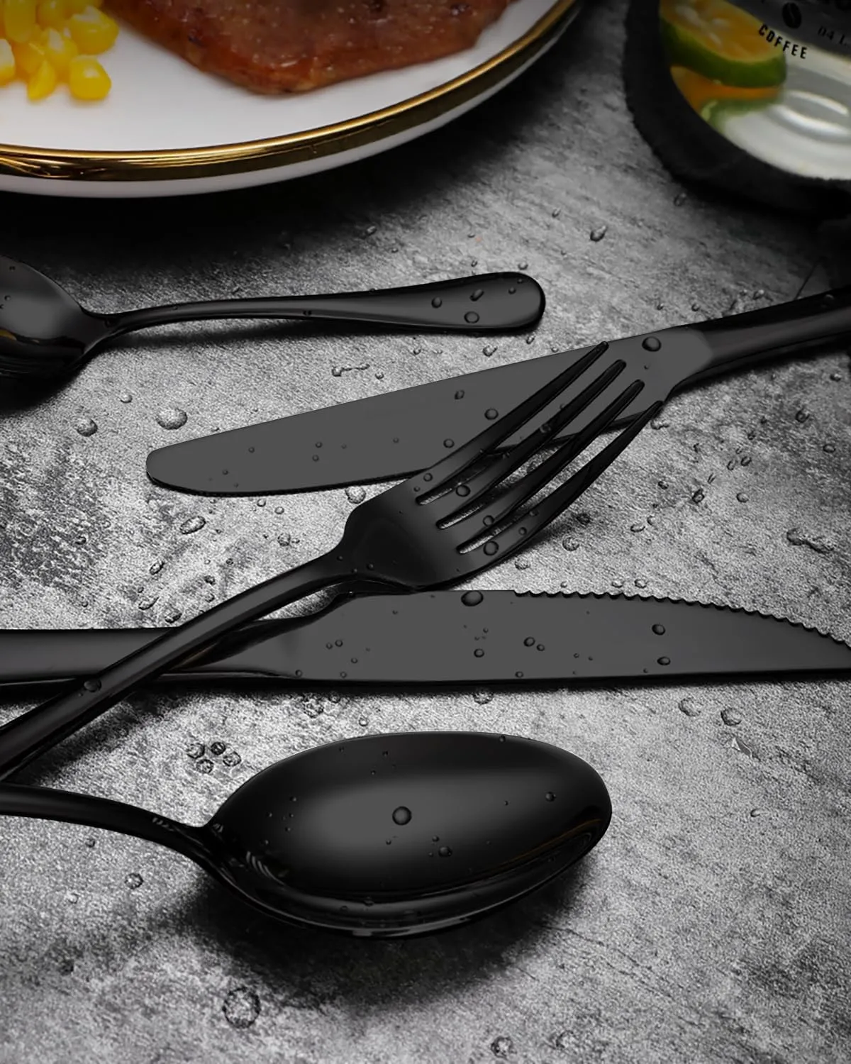 EUIRIO 48-Piece Black Silverware Set with Steak Knives, Heavy Duty Black Flatware Set for 8, Food-Grade Stainless Steel Tableware Cutlery Set, Utensil Sets for Home Restaurant, Mirror Finish