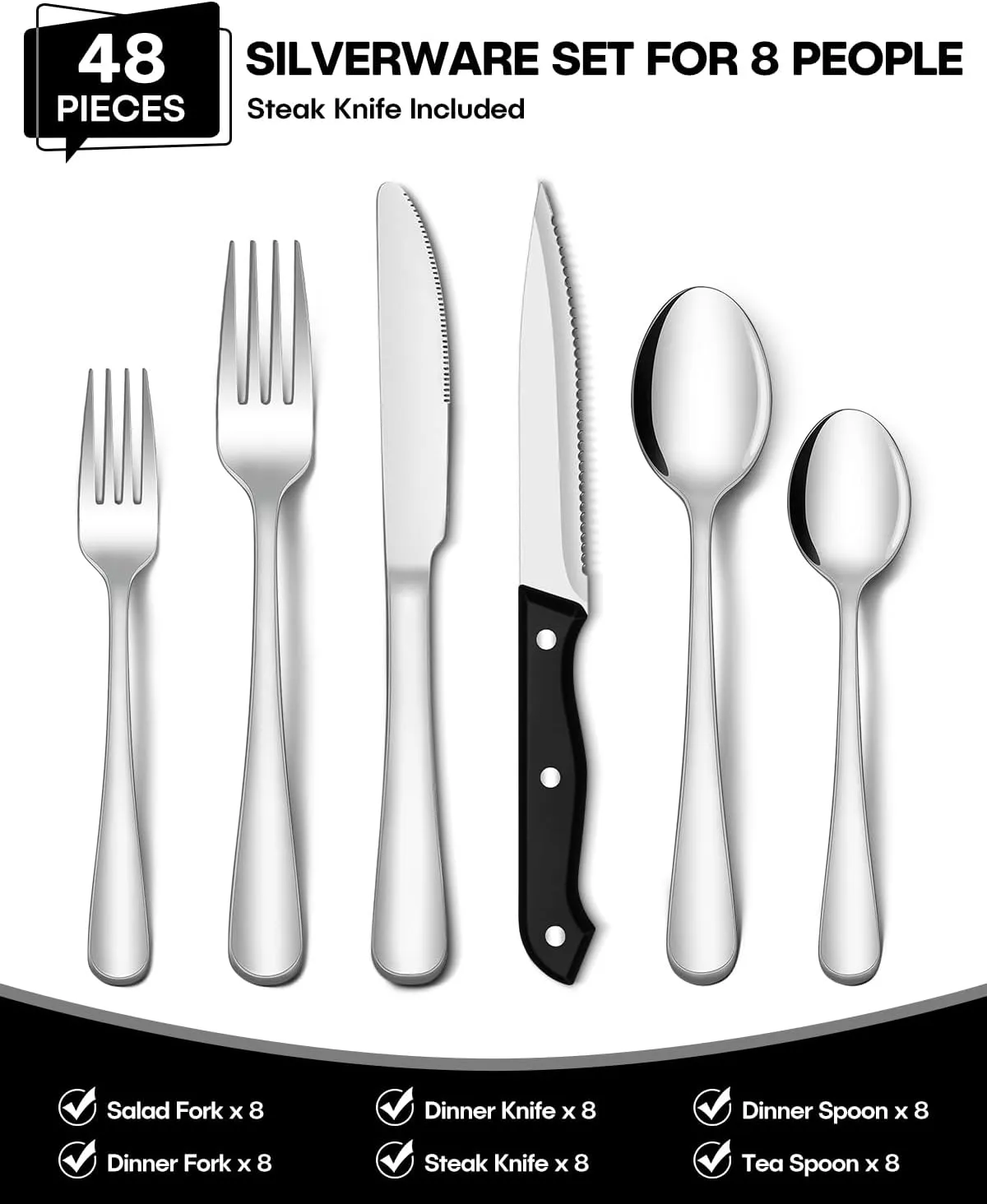 EUIRIO 48-Piece Silverware Set With Steak Knives, Heavy Duty Stainless Steel Flatware for 8, Food-Grade Tableware Cutlery, Utensils for Home Restaurant, Mirror Finish, Dishwasher Safe