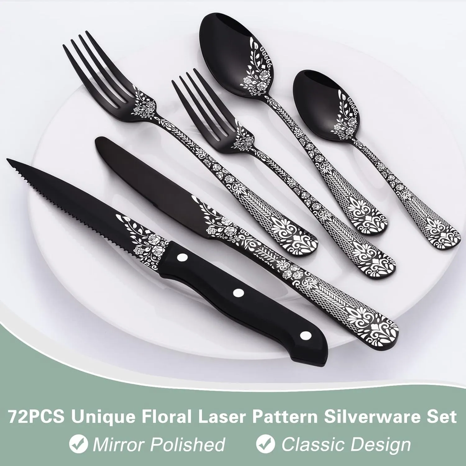 EUIRIO 72-Piece Black Silverware Set with Steak Knives, Stainless Steel Tableware Cutlery Set, Dishwasher Safe