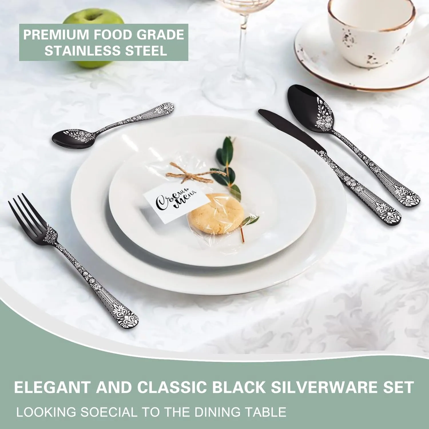 EUIRIO 72-Piece Black Silverware Set with Steak Knives, Stainless Steel Tableware Cutlery Set, Dishwasher Safe