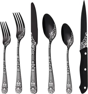 EUIRIO 72-Piece Black Silverware Set with Steak Knives, Stainless Steel Tableware Cutlery Set, Dishwasher Safe
